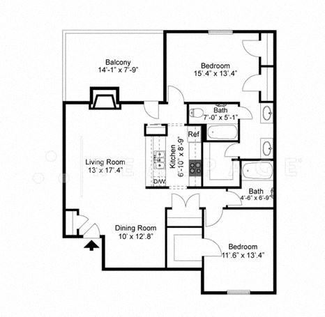 Two Bedroom Two Bath 1217 Square Feet
